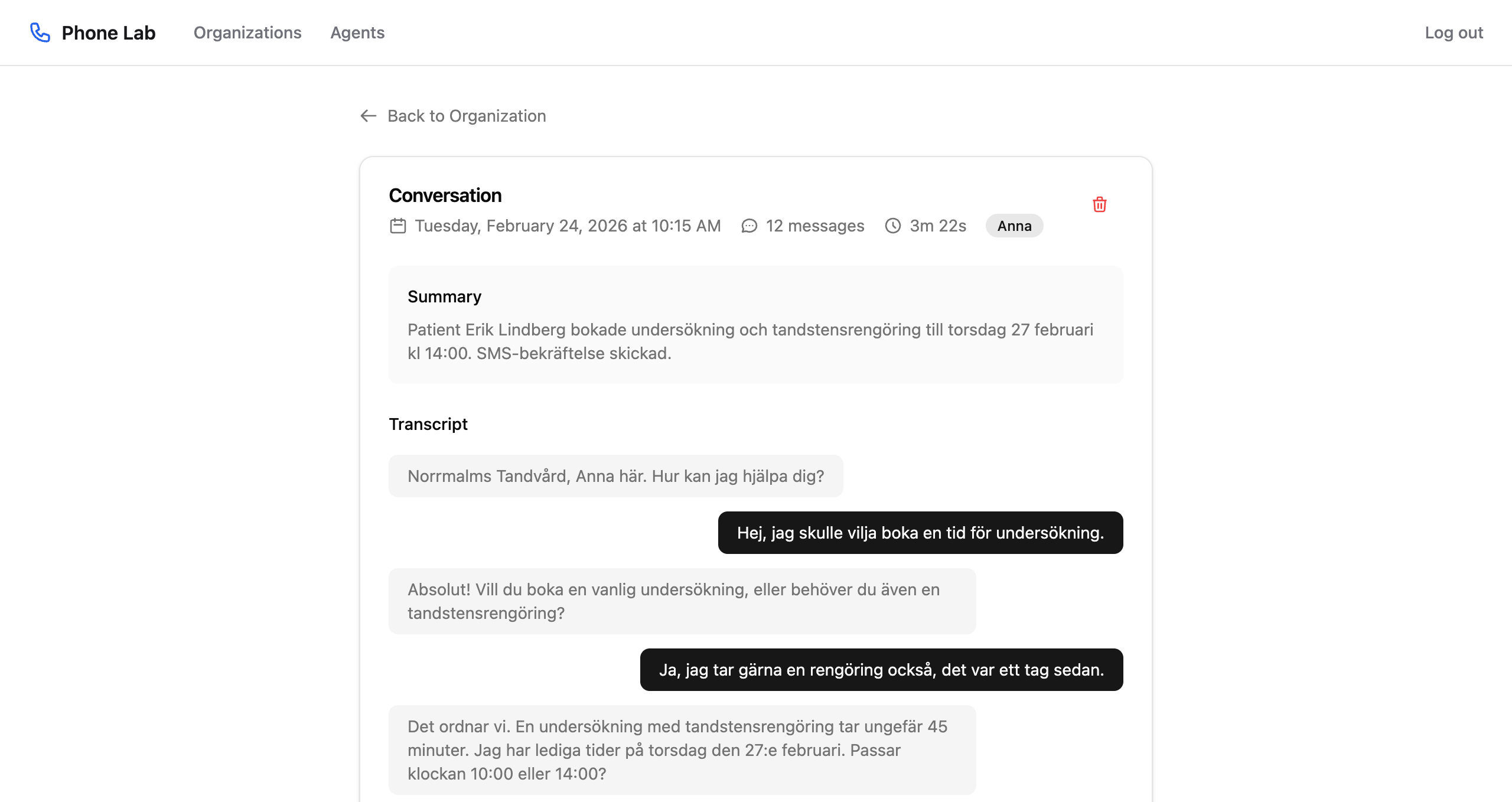 Konversationsdetalj i Phone Lab