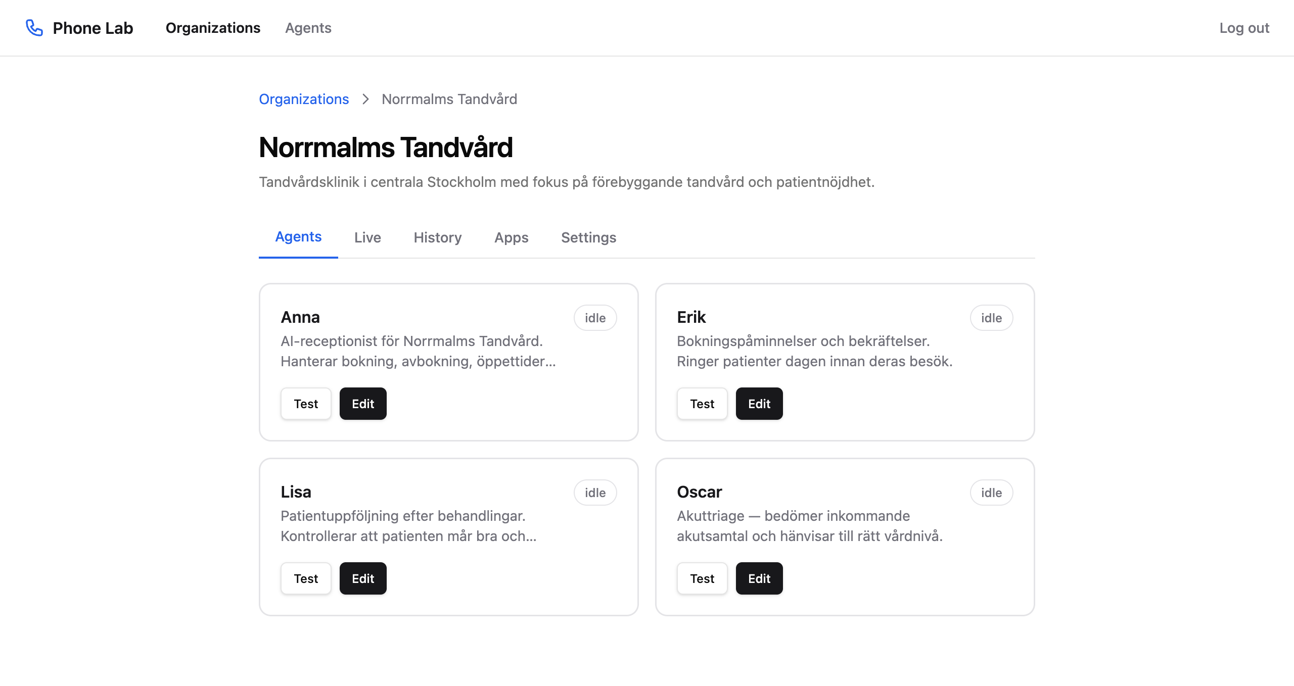 Samtalshistorik i Phone Lab